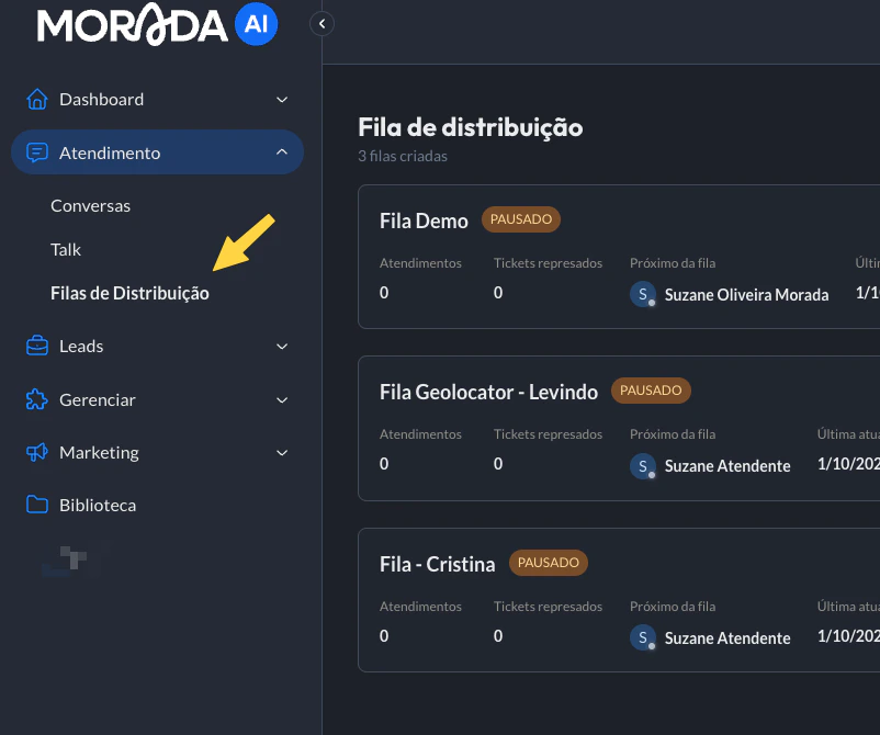 Menu Fila Distribuicao