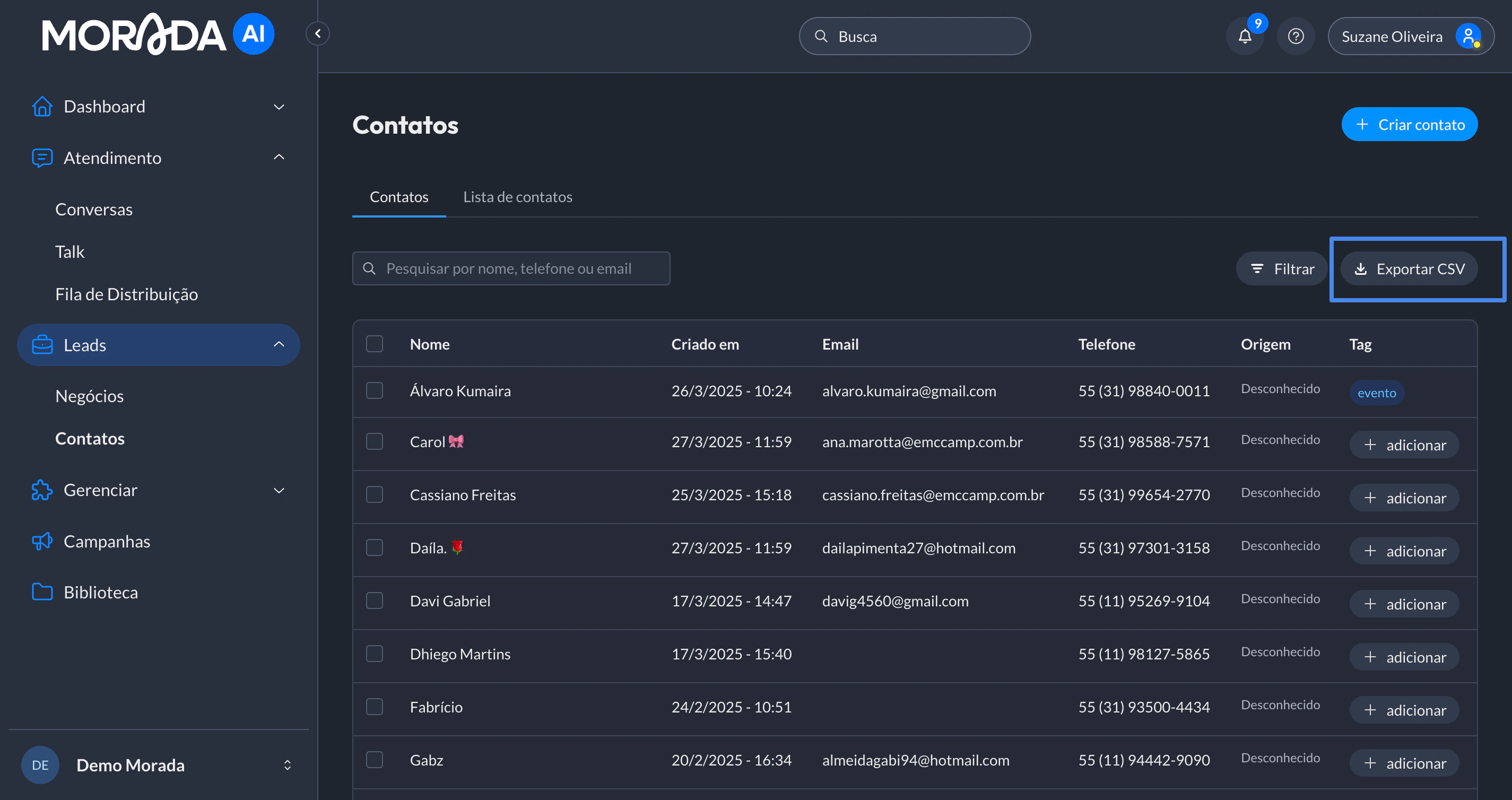 Exportar Csv Contatos