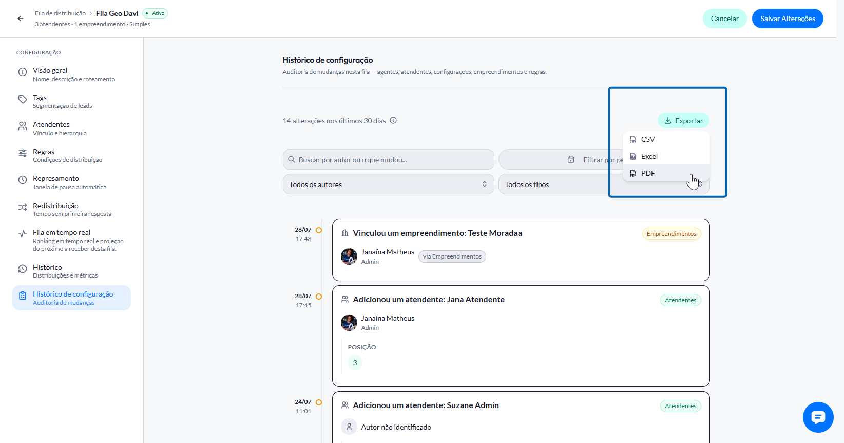 Exportar o histórico em CSV, Excel ou PDF
