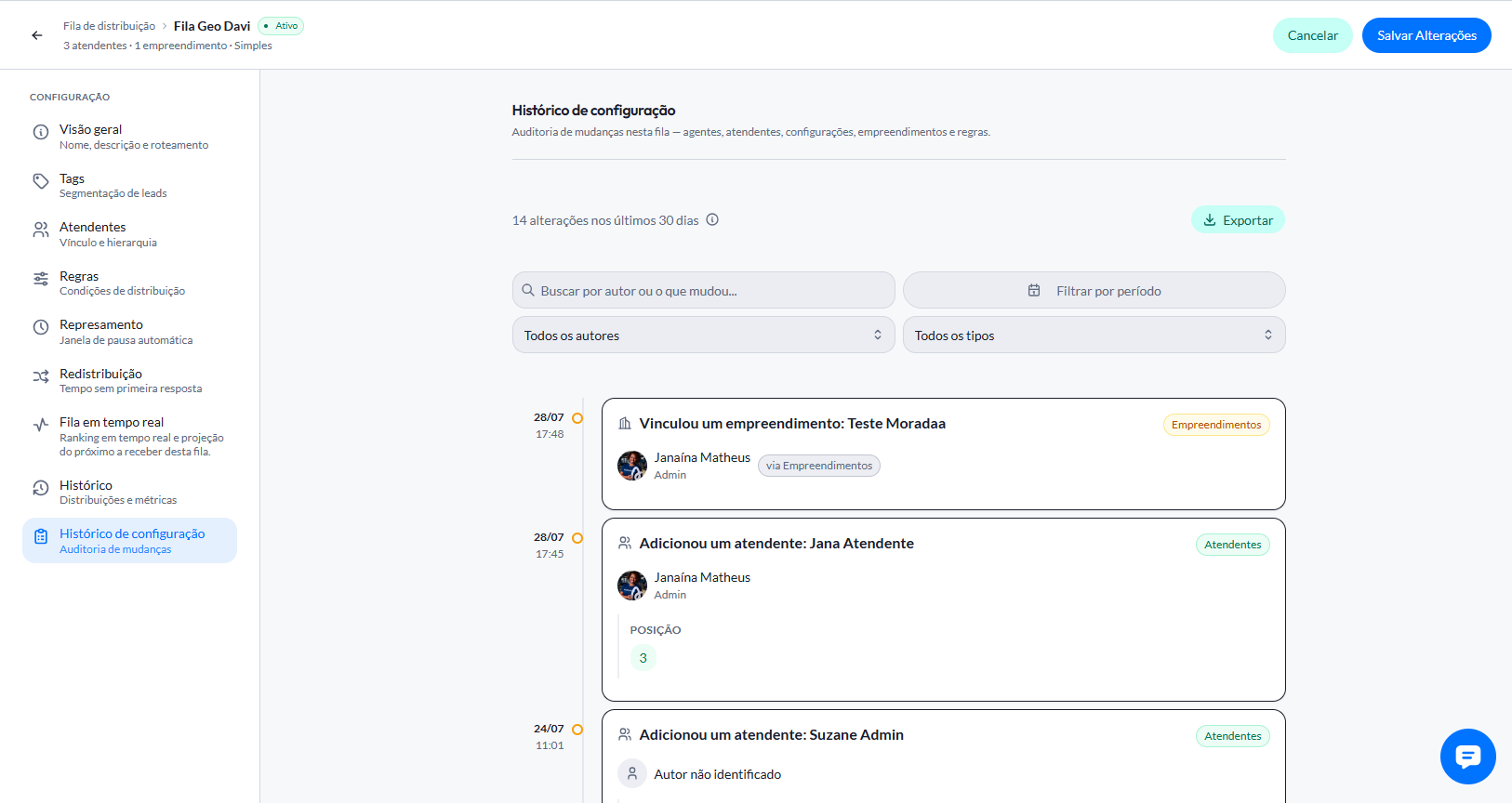 Painel do Histórico de configuração da fila
