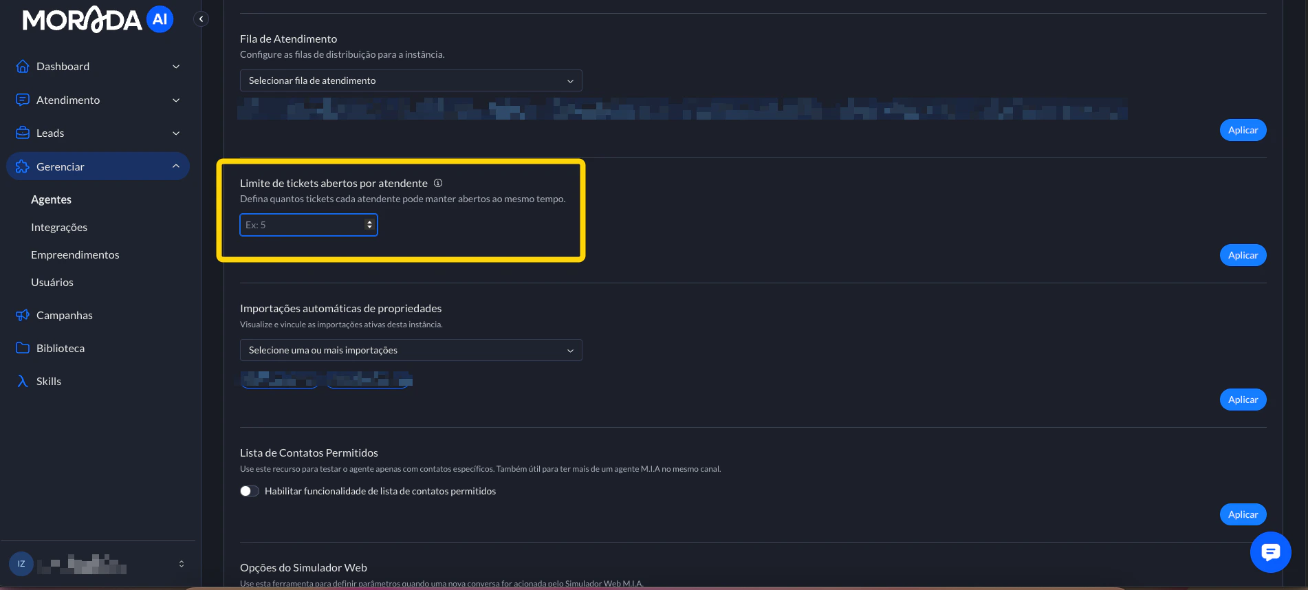 Limite Atendimentos Configuracao