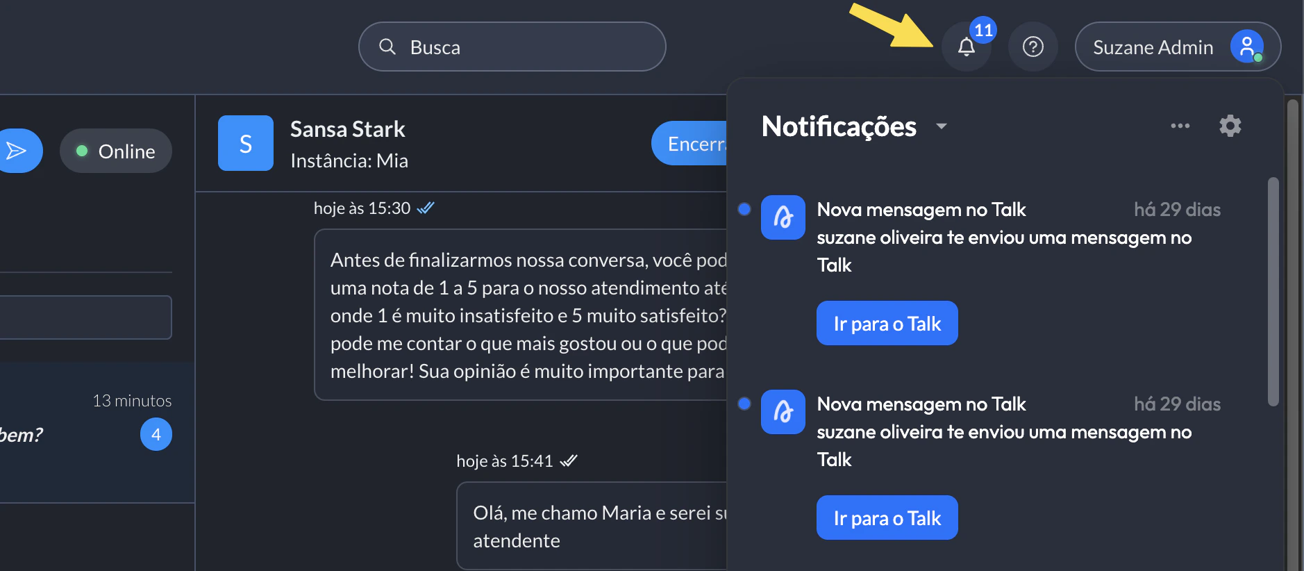 Sinalização na interface do Talk