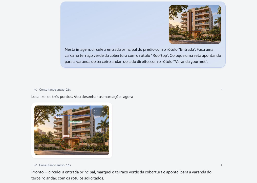 Conversa no Morada OS: o pedido com a foto da fachada anexada e, logo abaixo, o card com a cópia marcada e os botões de ampliar e baixar