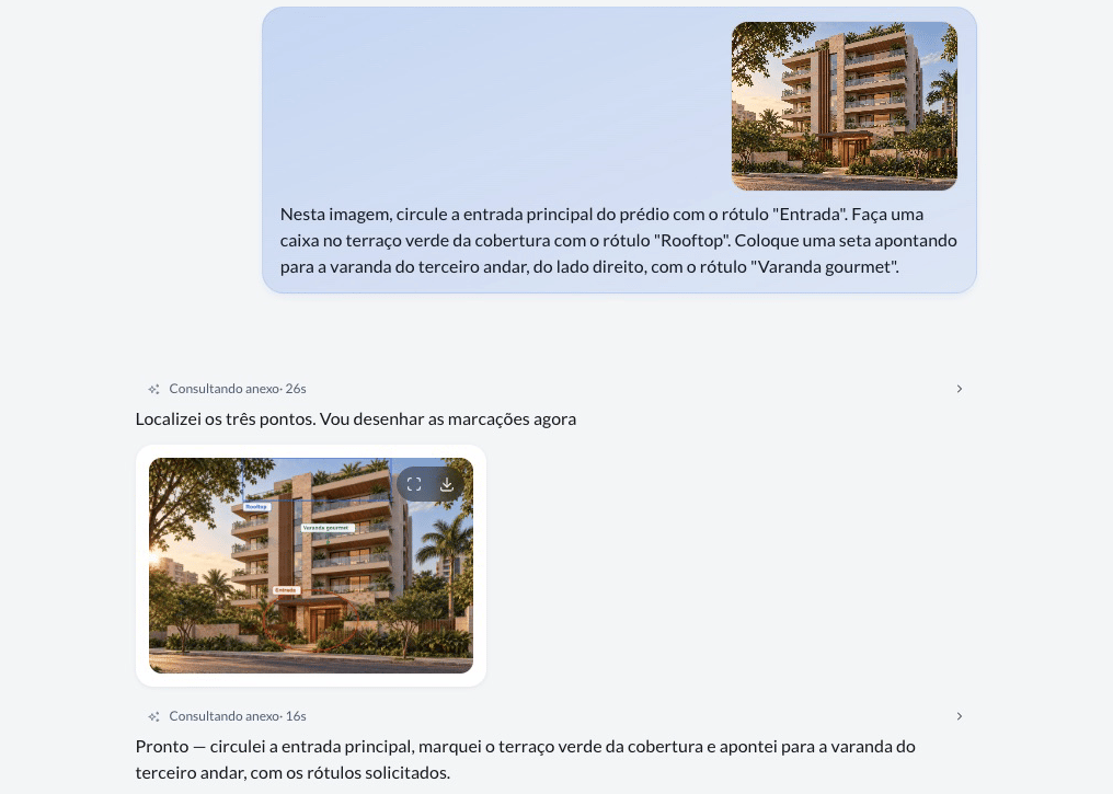 Conversa no Morada OS: o pedido com a foto da fachada anexada e, logo abaixo, o card com a cópia marcada e os botões de ampliar e baixar