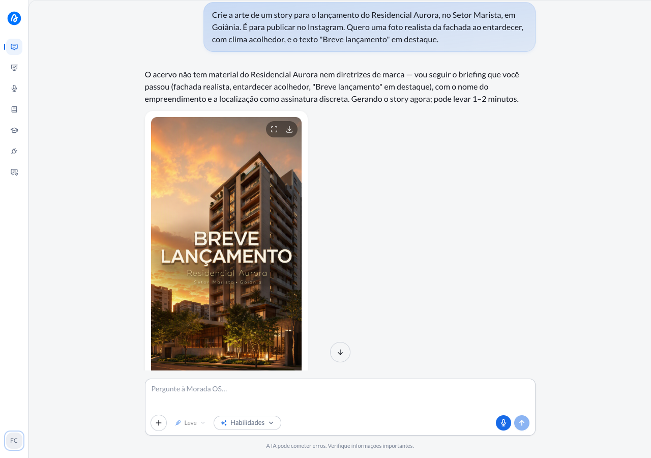 Launch story generated in Morada OS from a request written in the chat, in Instagram's vertical format, with the enlarge and download buttons over the image