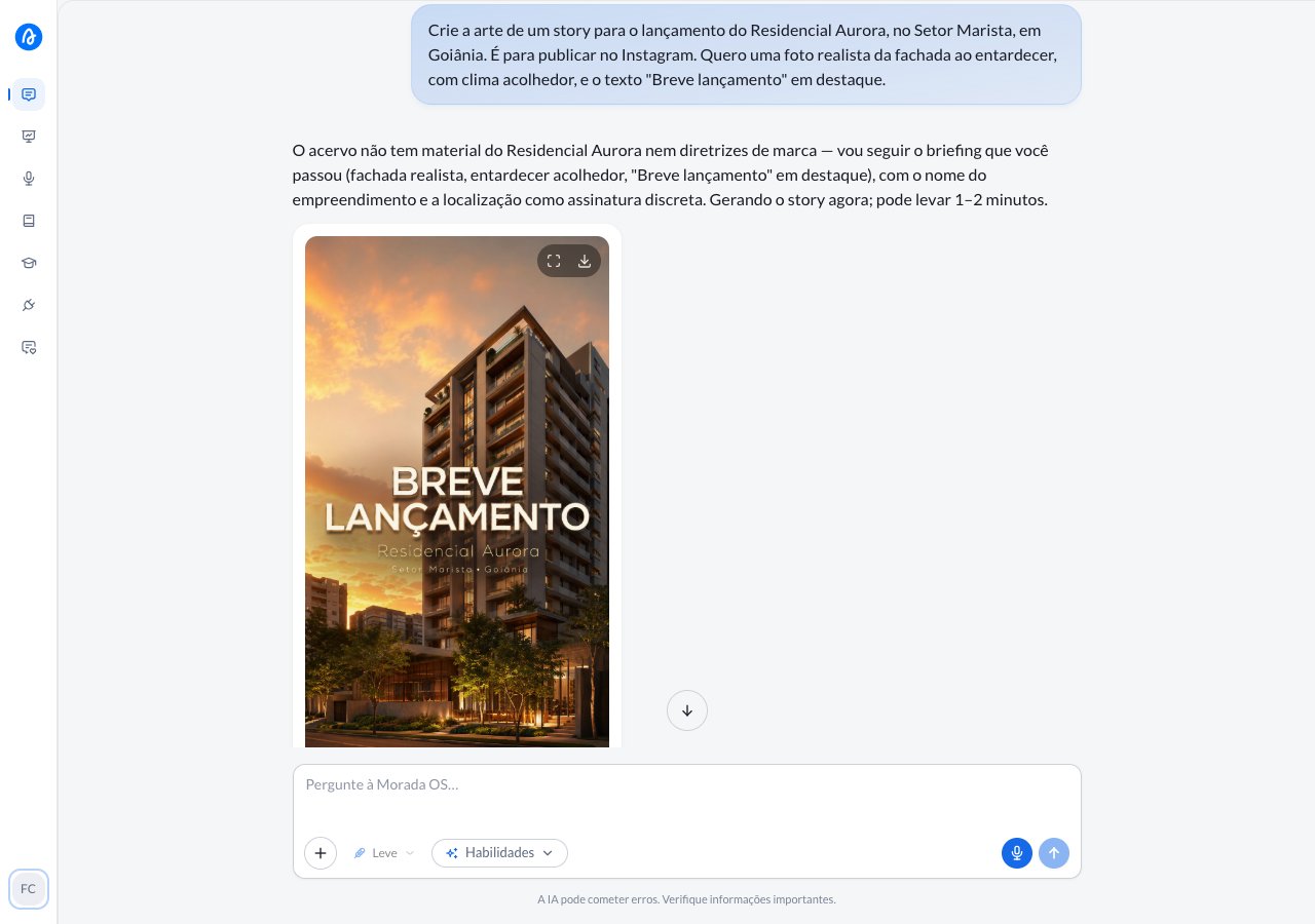 Launch story generated in Morada OS from a request written in the chat, in Instagram's vertical format, with the enlarge and download buttons over the image