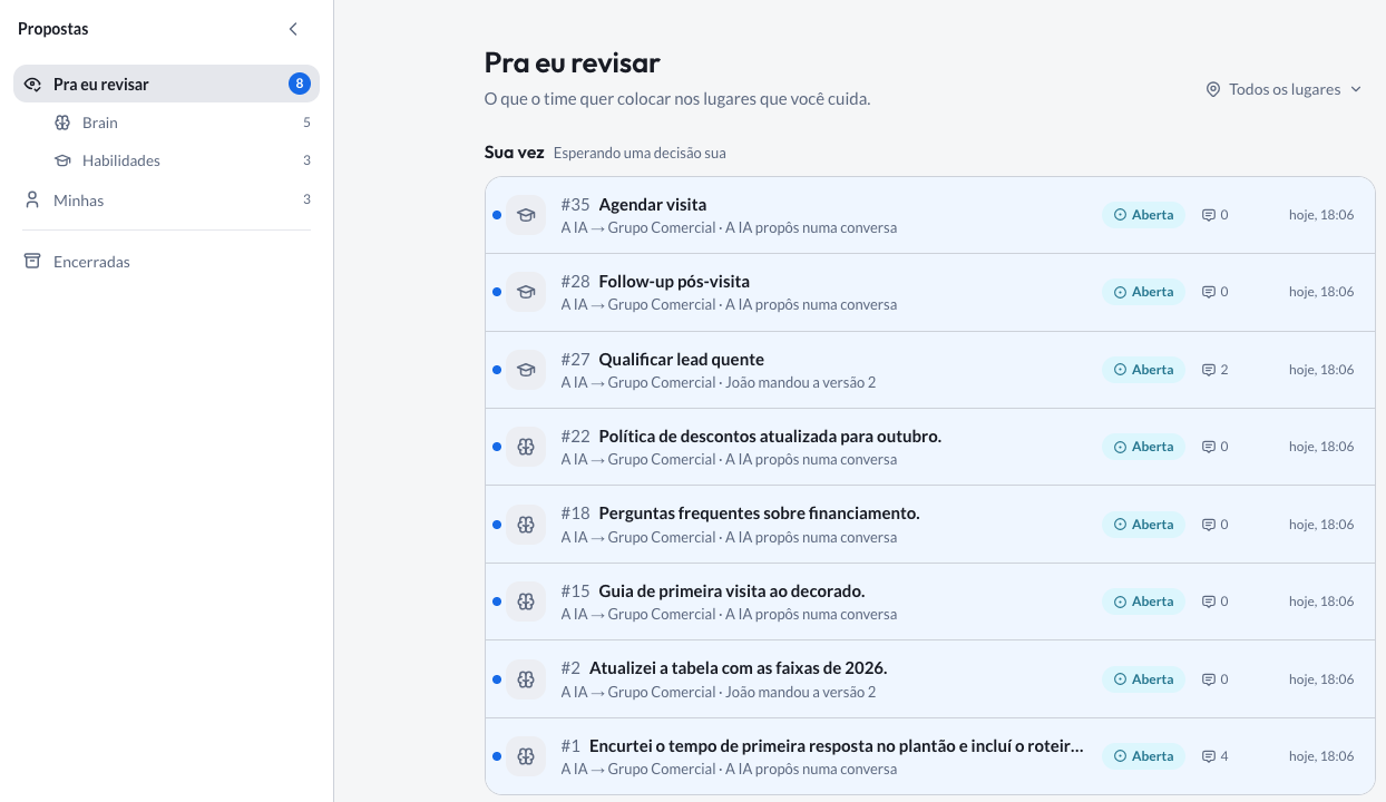 Propostas (Proposals), in the Pra eu revisar (To review) tab: the Sua vez (Your turn) list of what waits for your decision, and the panel with the Brain and Habilidades (Skills) filters