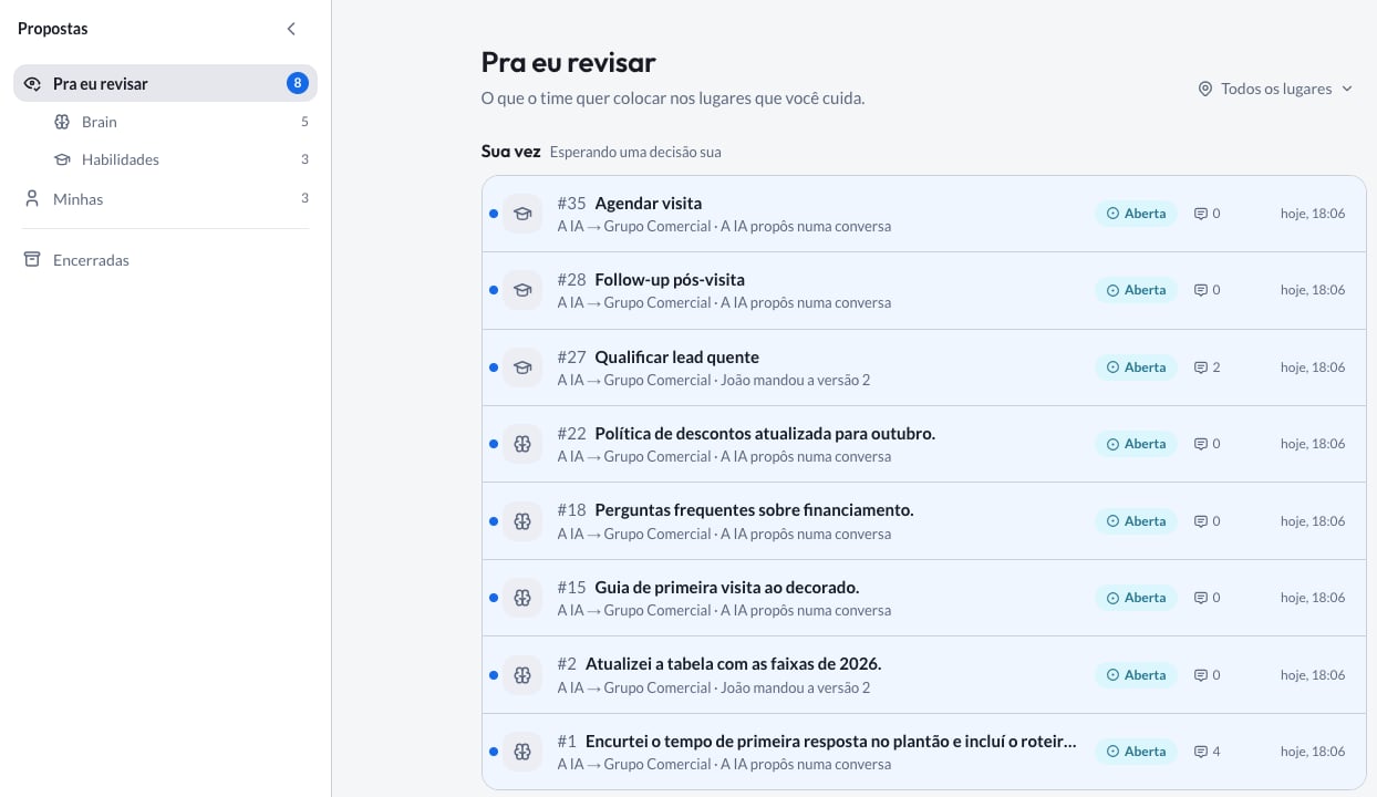 Propostas, na aba Pra eu revisar: a lista Sua vez com o que espera a sua decisão, e o painel com os filtros Brain e Habilidades