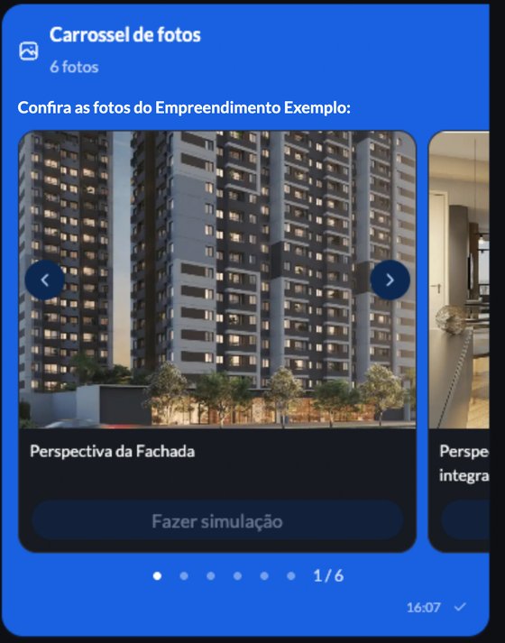 Mensagem Carrossel de fotos na conversa da plataforma, com 6 fotos, a legenda Perspectiva da Fachada, o botão Fazer simulação desabilitado e a paginação 1/6