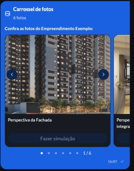 Mensagem Carrossel de fotos na conversa da plataforma, com 6 fotos, a legenda Perspectiva da Fachada, o botão Fazer simulação desabilitado e a paginação 1/6