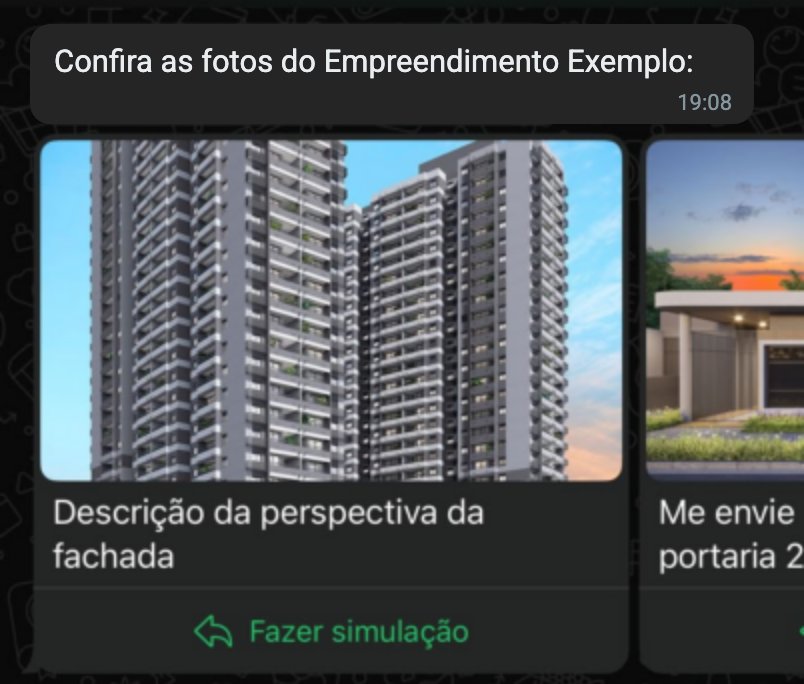 Mensagem da Mia no WhatsApp com a frase 'Confira as fotos do Empreendimento Exemplo' e, abaixo, cards com a foto da fachada, a legenda e o botão Fazer simulação