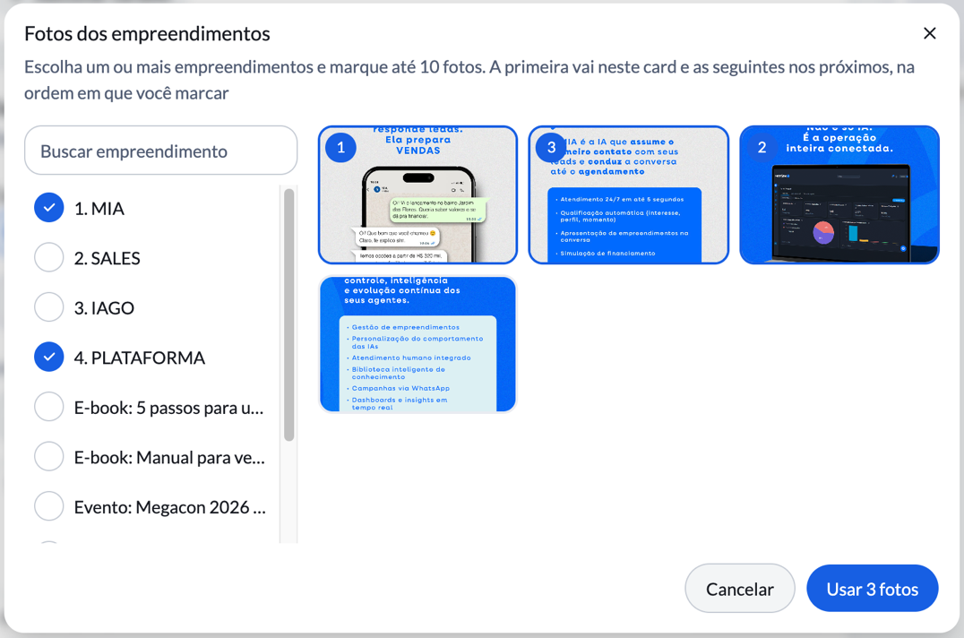 Seletor de fotos dos empreendimentos, com a ordem de cada foto marcada