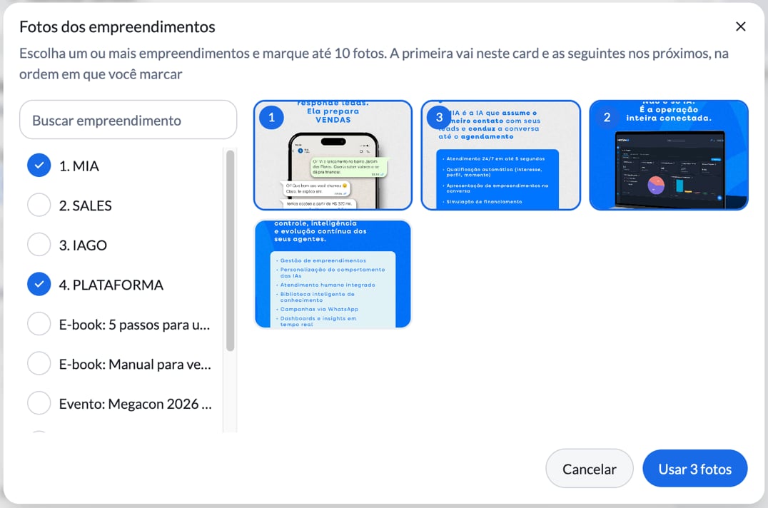 Seletor de fotos dos empreendimentos, com a ordem de cada foto marcada