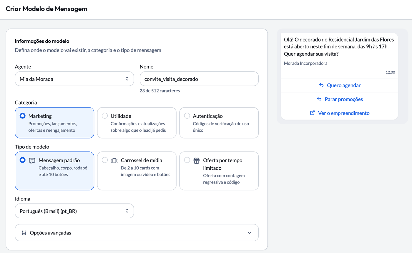 Editor de modelo de mensagem com a prévia ao lado