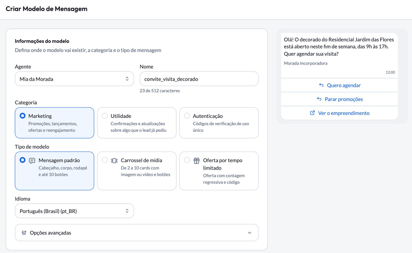 Editor de modelo de mensagem com a prévia ao lado