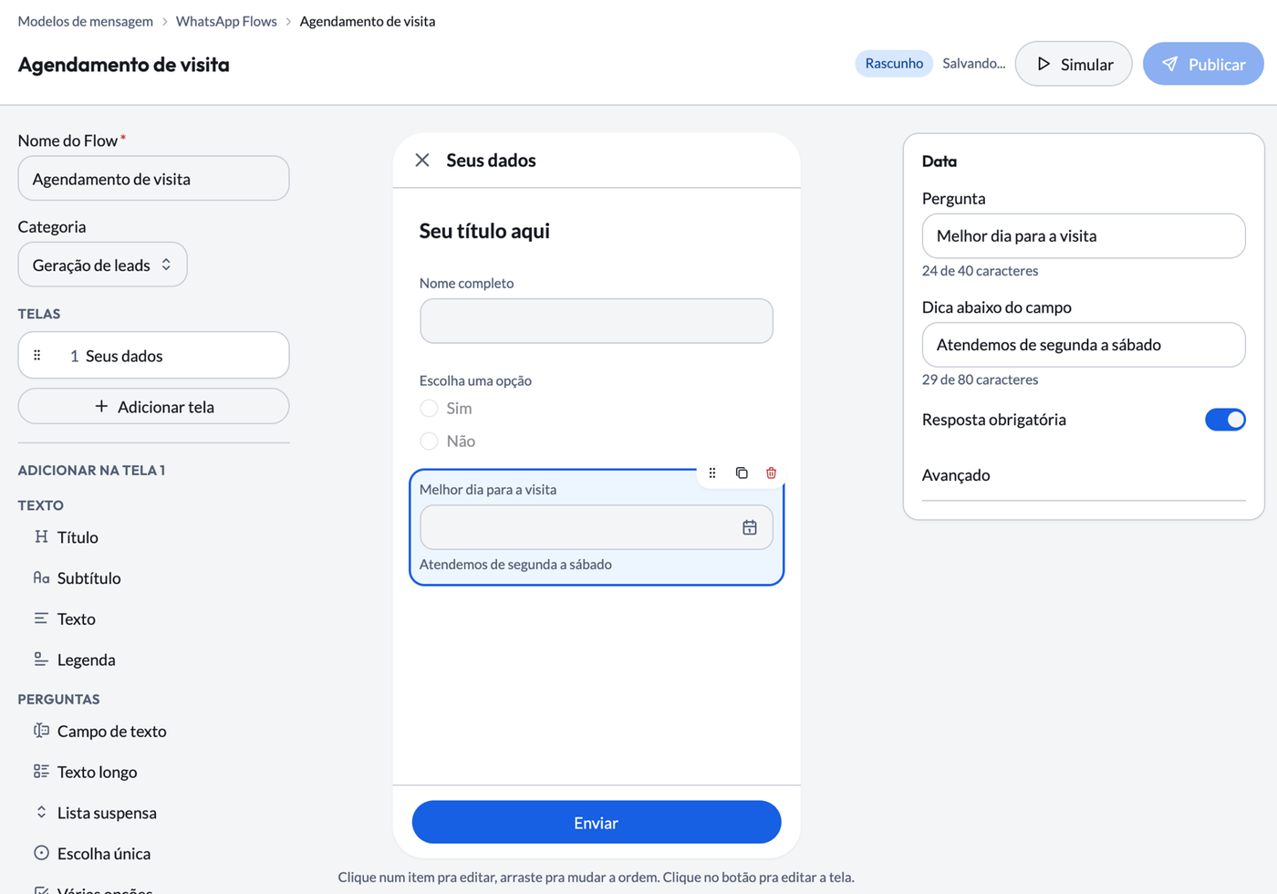 Construtor de WhatsApp Flow com telas, prévia e propriedades