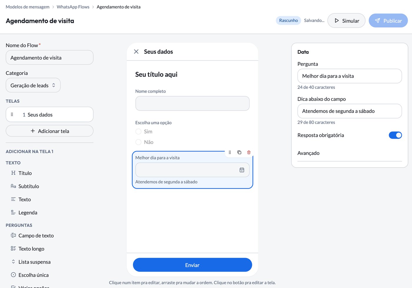 Construtor de WhatsApp Flow com telas, prévia e propriedades