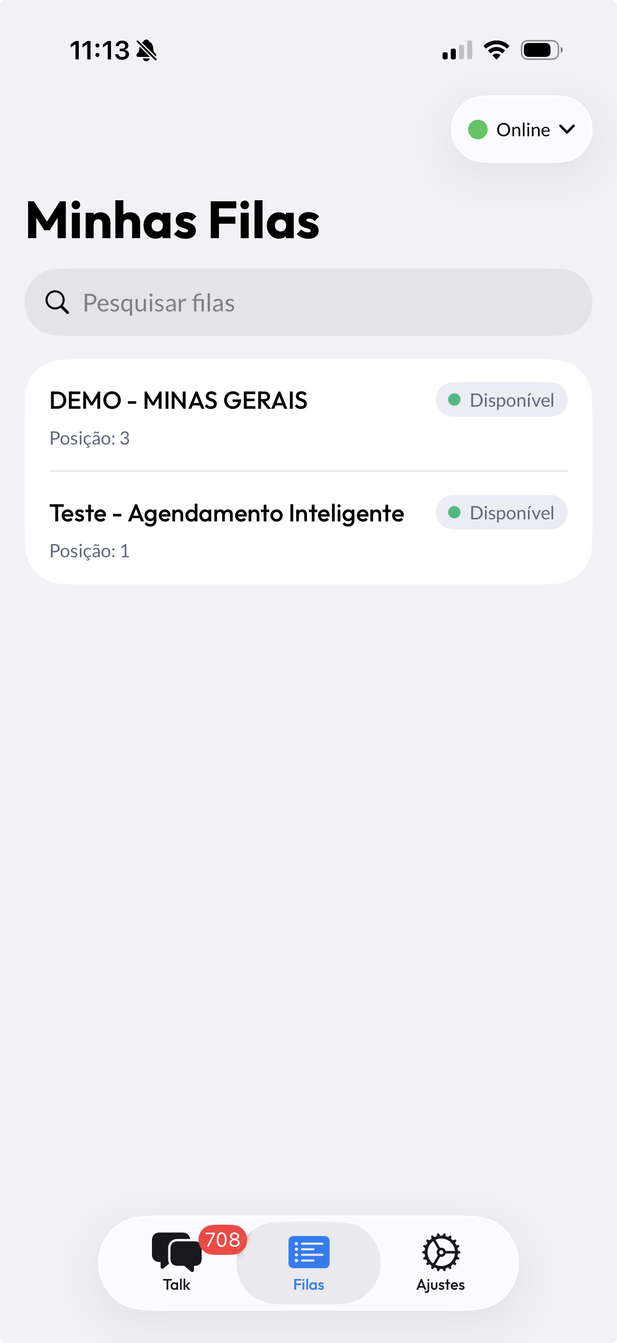 Seção Minhas Filas no app da Morada.ai, com o status e a posição do atendente em cada fila