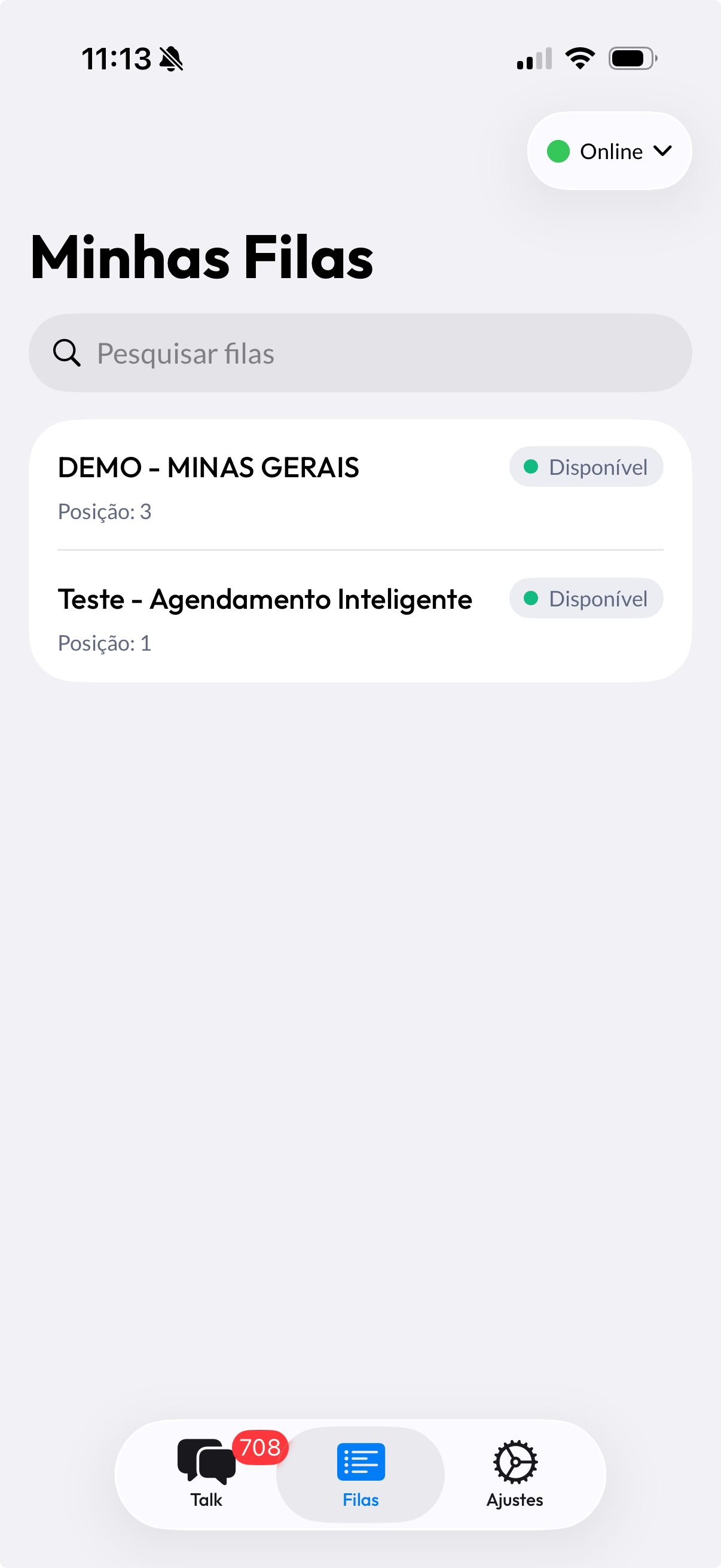 Seção Minhas Filas no app da Morada.ai, com o status e a posição do atendente em cada fila
