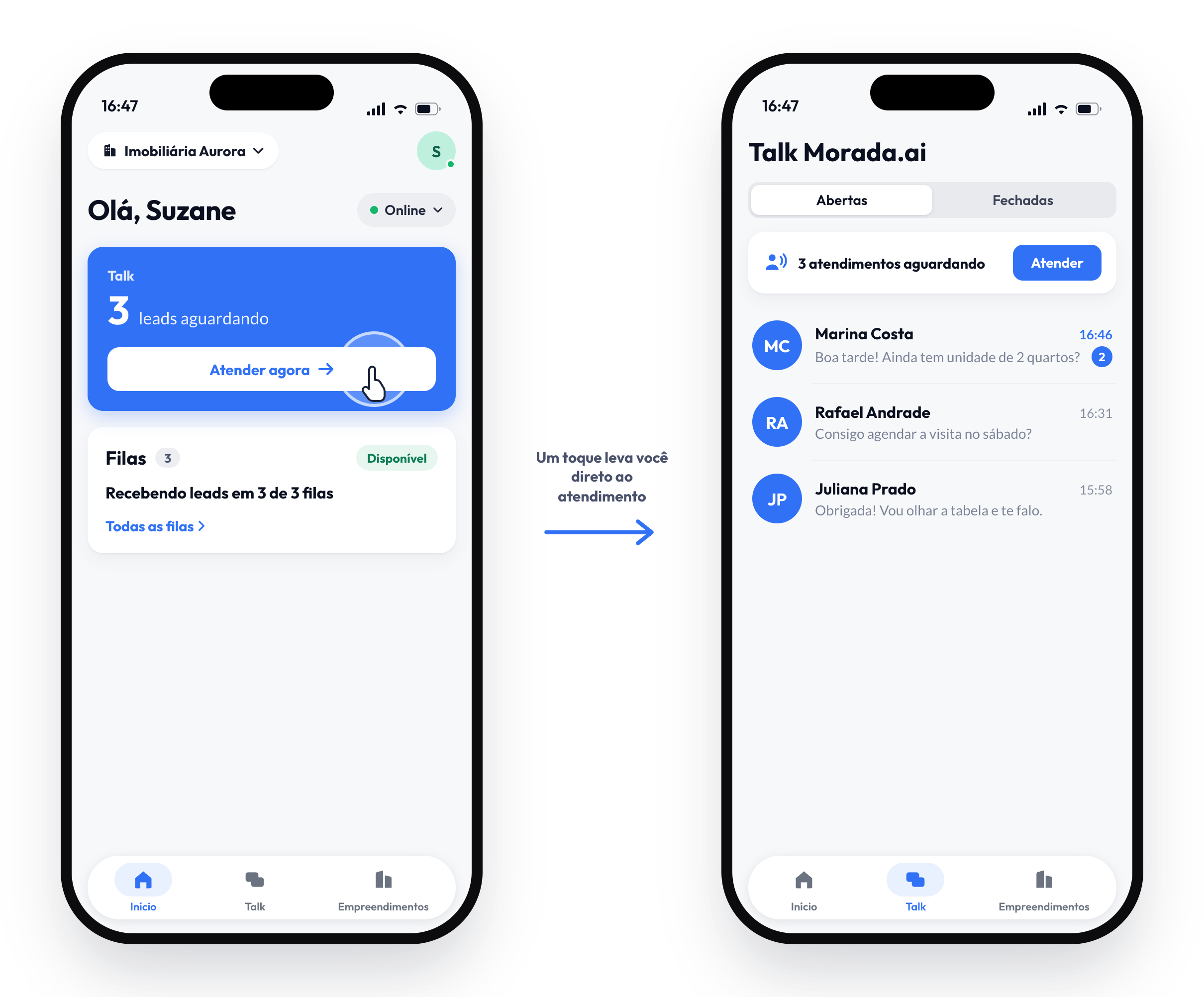 Na página inicial, o card do Talk mostra 3 leads aguardando; ao tocar em Atender agora, o app abre a aba Talk já com o atendimento na fila