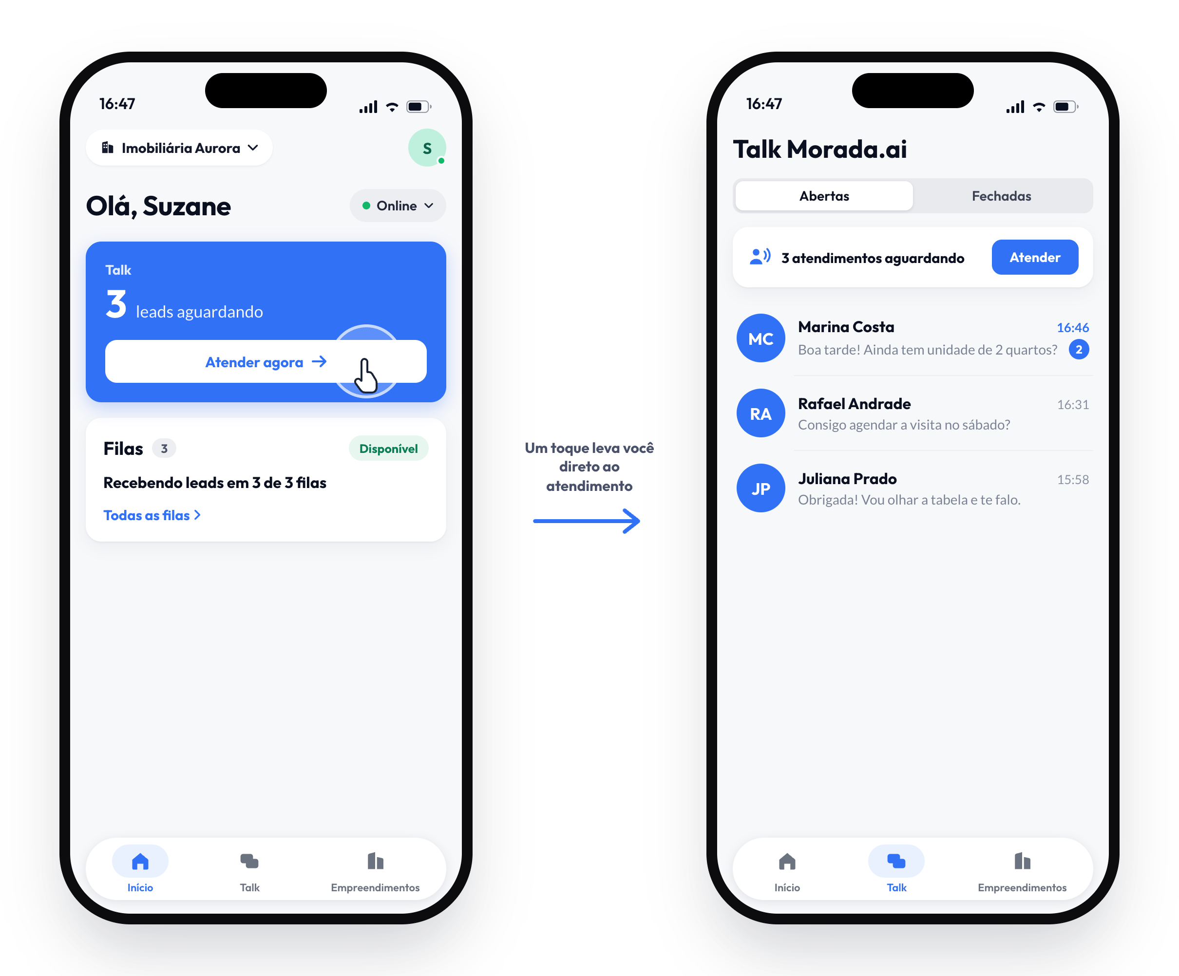 Na página inicial, o card do Talk mostra 3 leads aguardando; ao tocar em Atender agora, o app abre a aba Talk já com o atendimento na fila