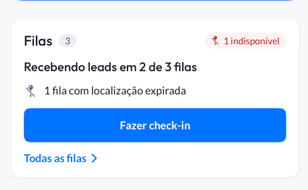 Card de filas no Início, mostrando 2 de 3 filas recebendo leads e o botão Fazer check-in