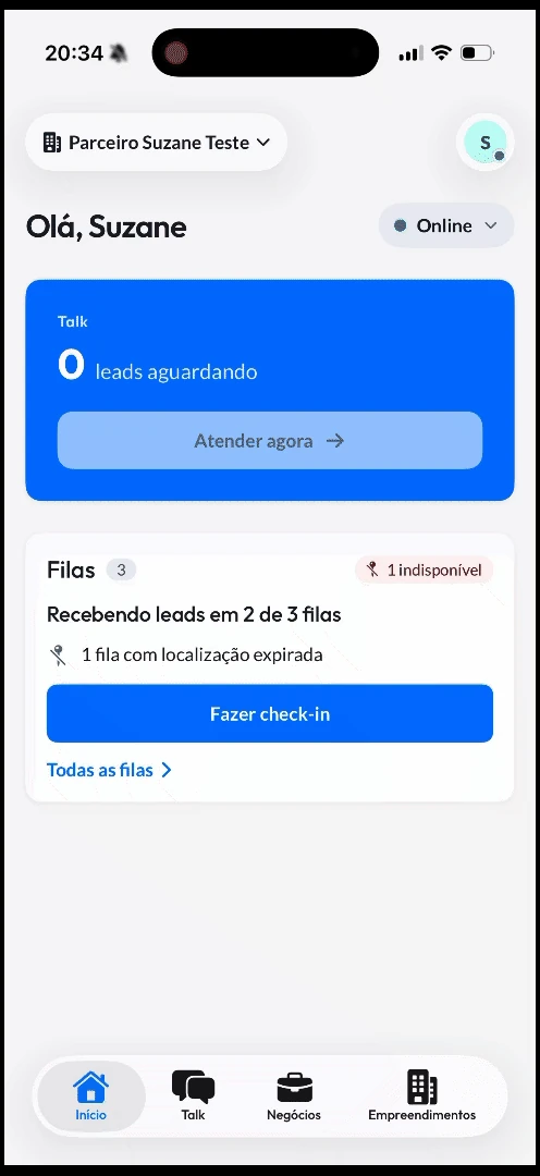 Do card de filas para a tela Minhas Filas: status de cada fila, refazer o check-in e conferir os endereços das localizações