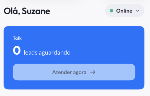 Card do Talk no Início, com a contagem de leads aguardando e o botão Atender agora