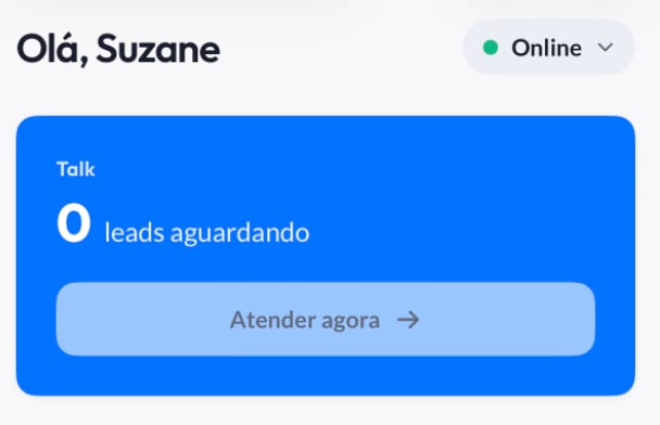 Card do Talk no Início, com a contagem de leads aguardando e o botão Atender agora