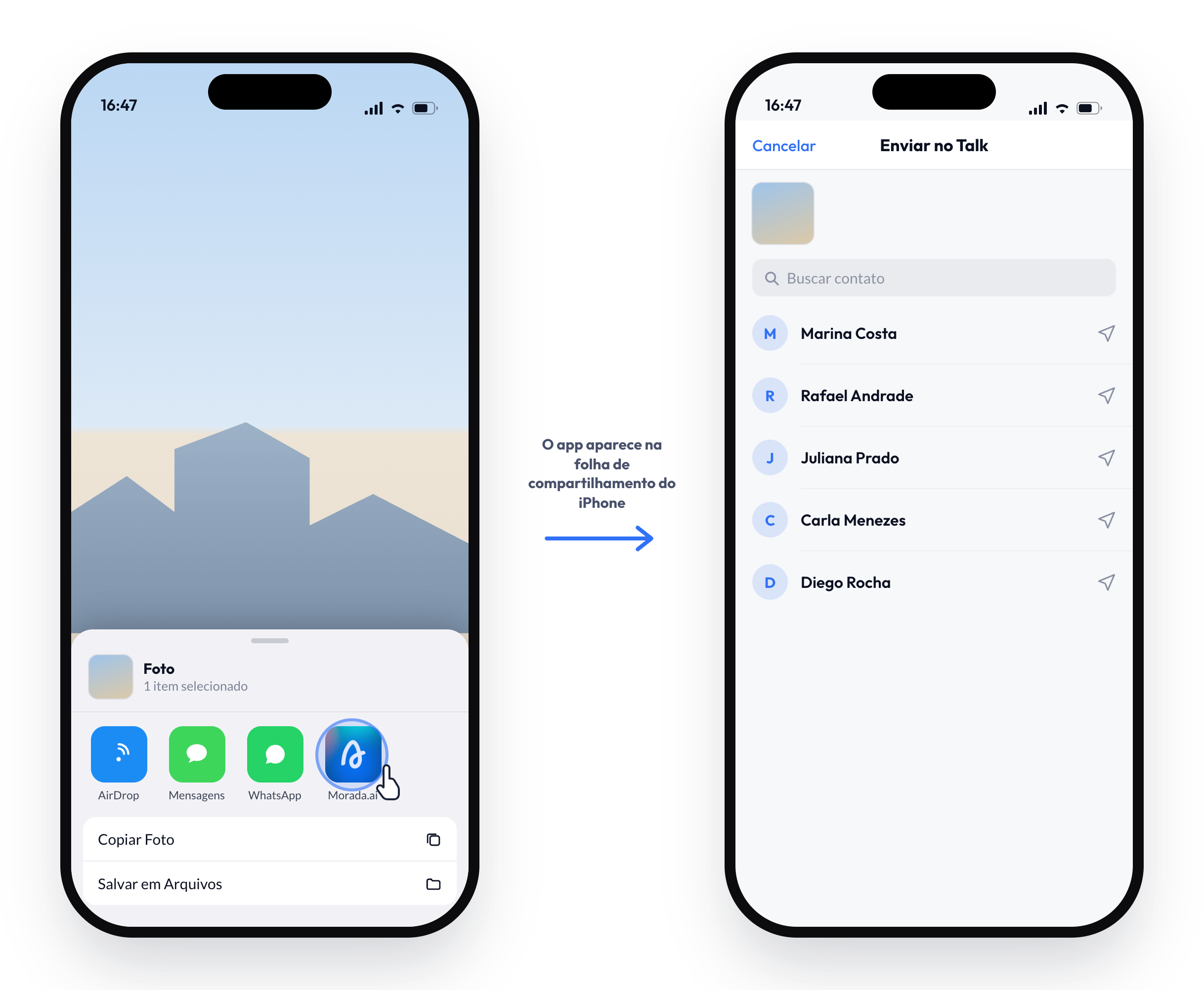 Na folha de compartilhamento do iPhone você escolhe Morada.ai e, na tela Enviar no Talk, busca o atendimento aberto para onde a mídia vai