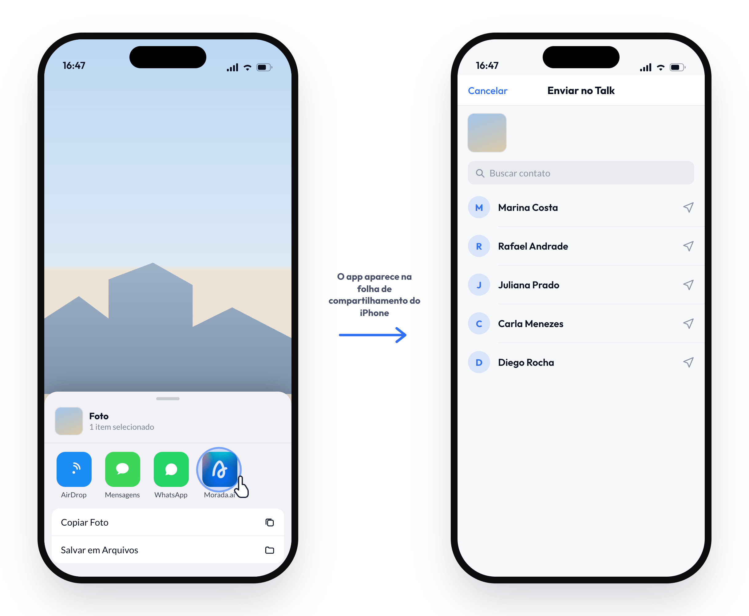 Na folha de compartilhamento do iPhone você escolhe Morada.ai e, na tela Enviar no Talk, busca o atendimento aberto para onde a mídia vai