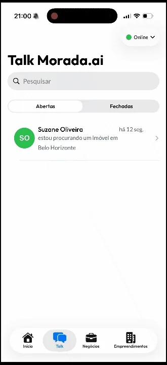 Lista de conversas do Talk no app, abrindo um atendimento e respondendo o lead
