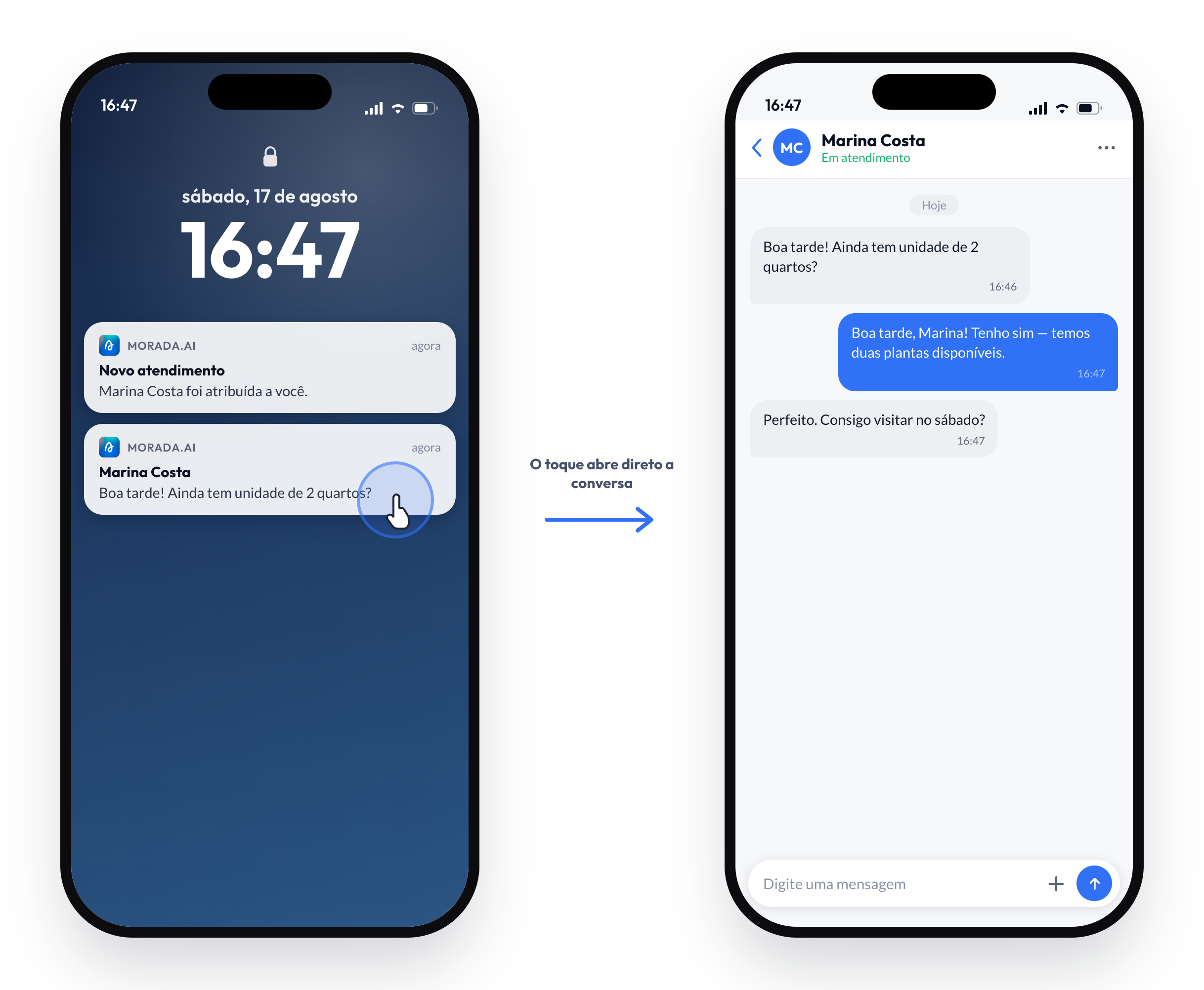 Notificação da Morada.ai na tela de bloqueio do iPhone; ao tocar, o app abre direto na conversa do lead