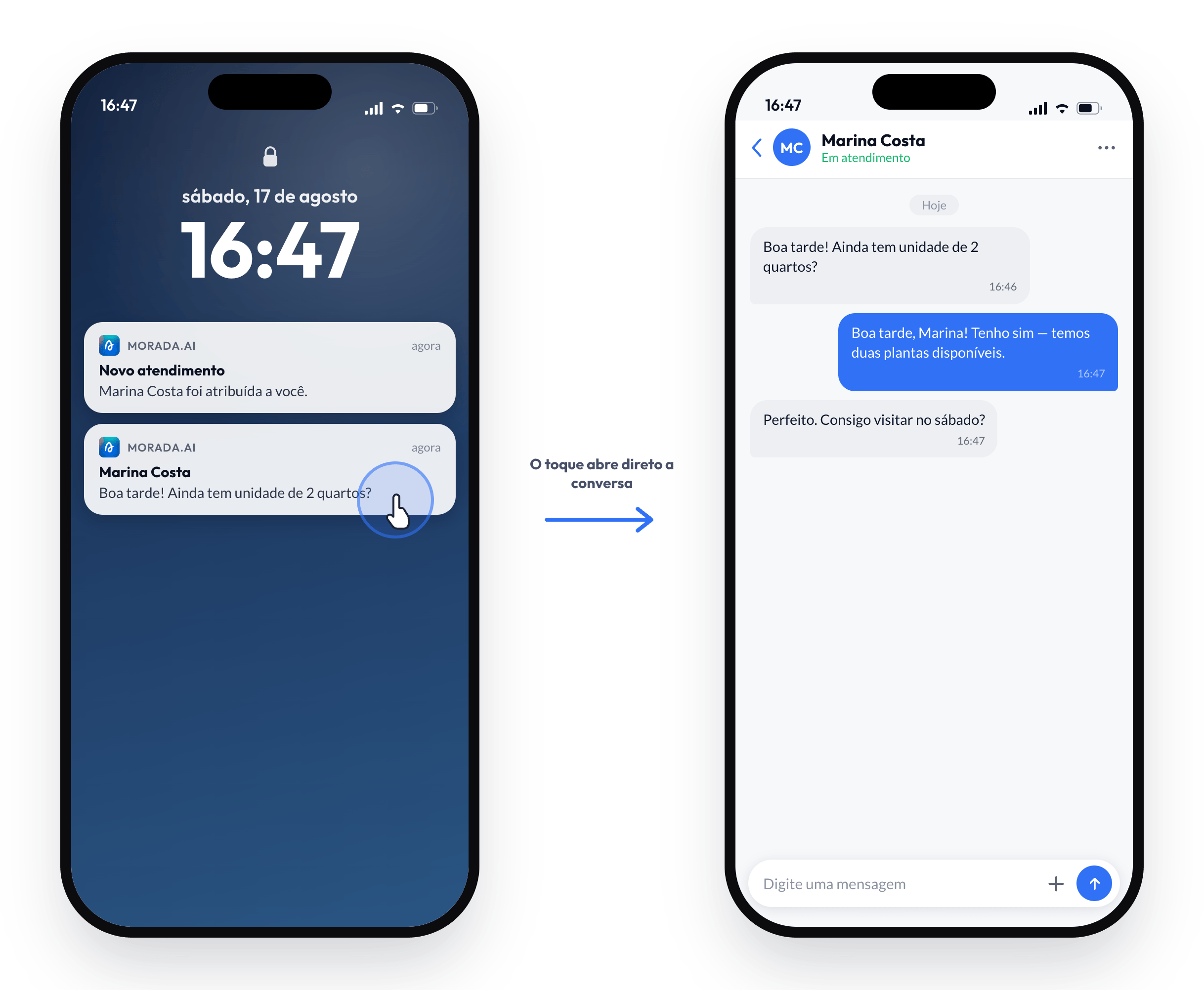 Notificação da Morada.ai na tela de bloqueio do iPhone; ao tocar, o app abre direto na conversa do lead