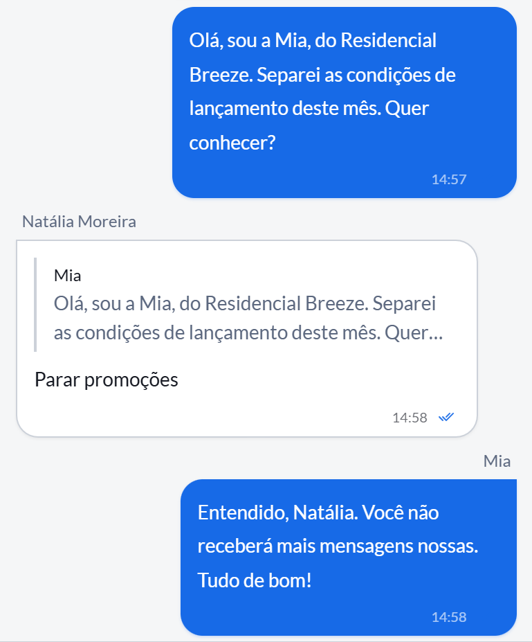 O contato toca em Parar promoções num modelo de marketing e a Mia responde que ele não receberá mais mensagens