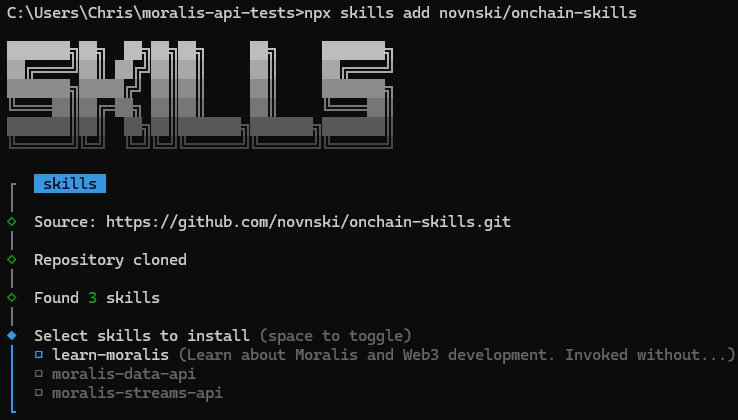Installing Moralis Onchain Skills via npx skills add novnski/onchain-skills