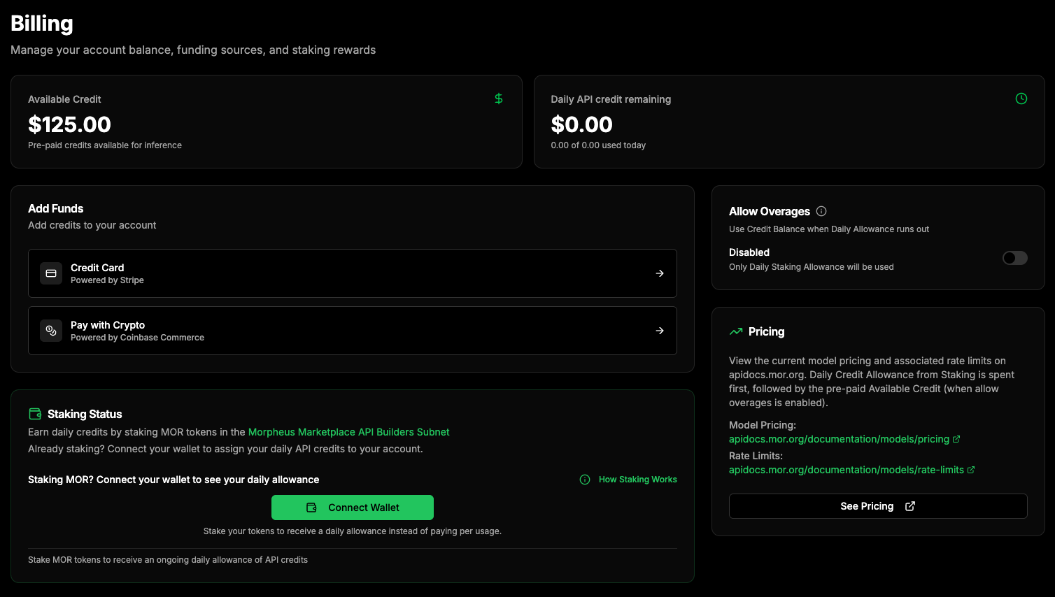 Billing page overview showing available credit and daily API credit remaining