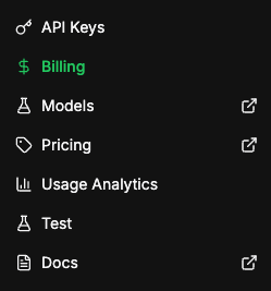 Billing tab in the Inference API Admin sidebar