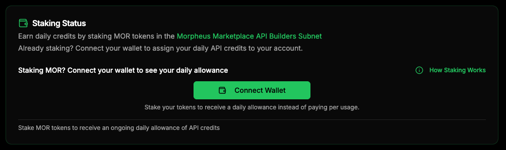 Staking Status section with Connect Wallet button