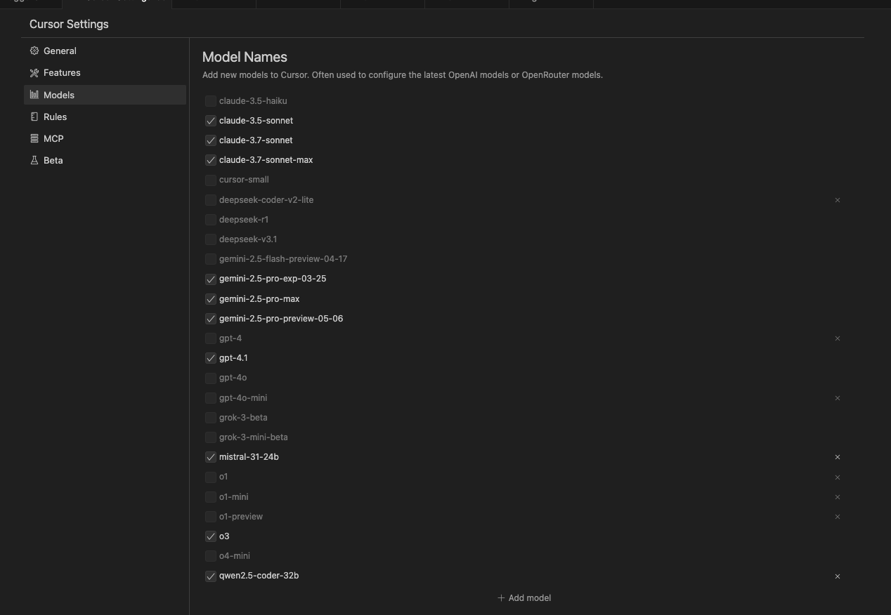 Cursor models tab