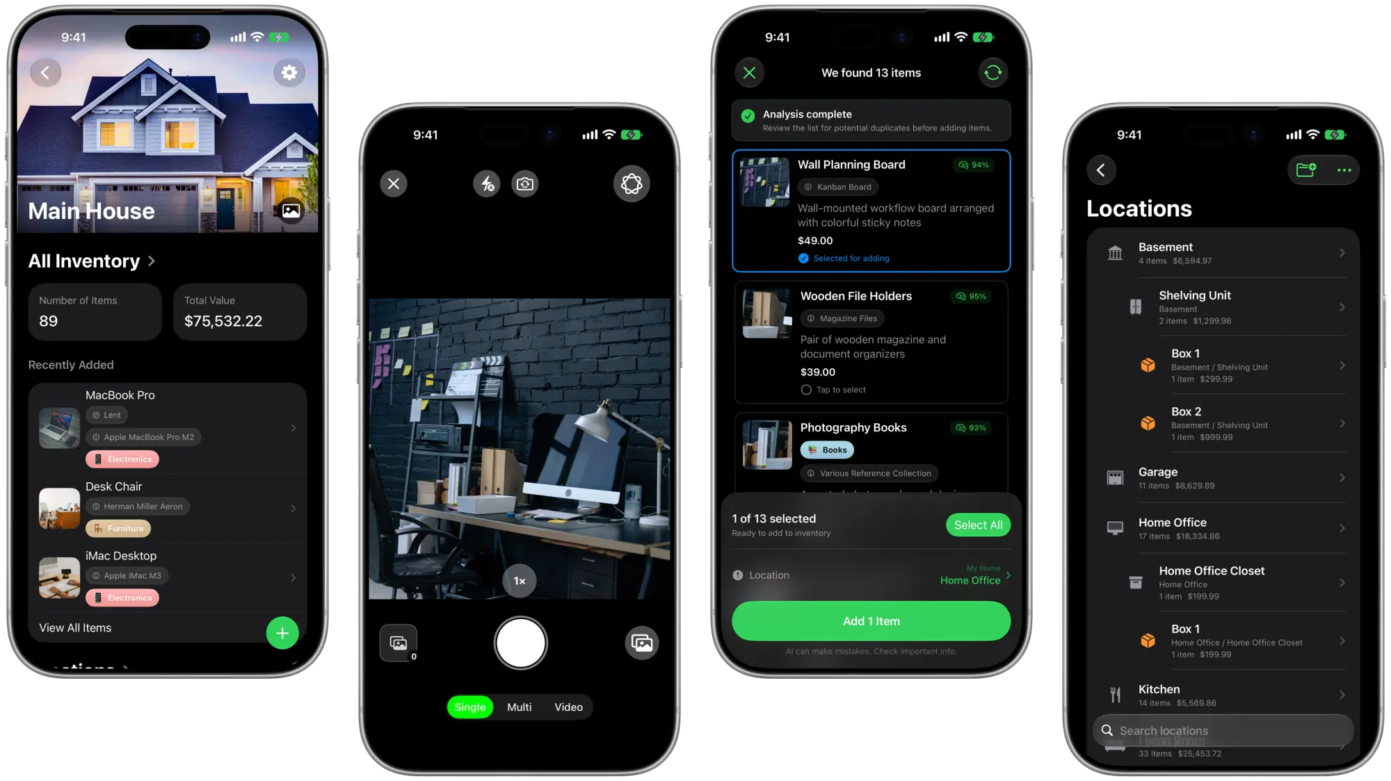 MovingBox home inventory, camera capture, item analysis, and Locations on four iPhones in dark mode