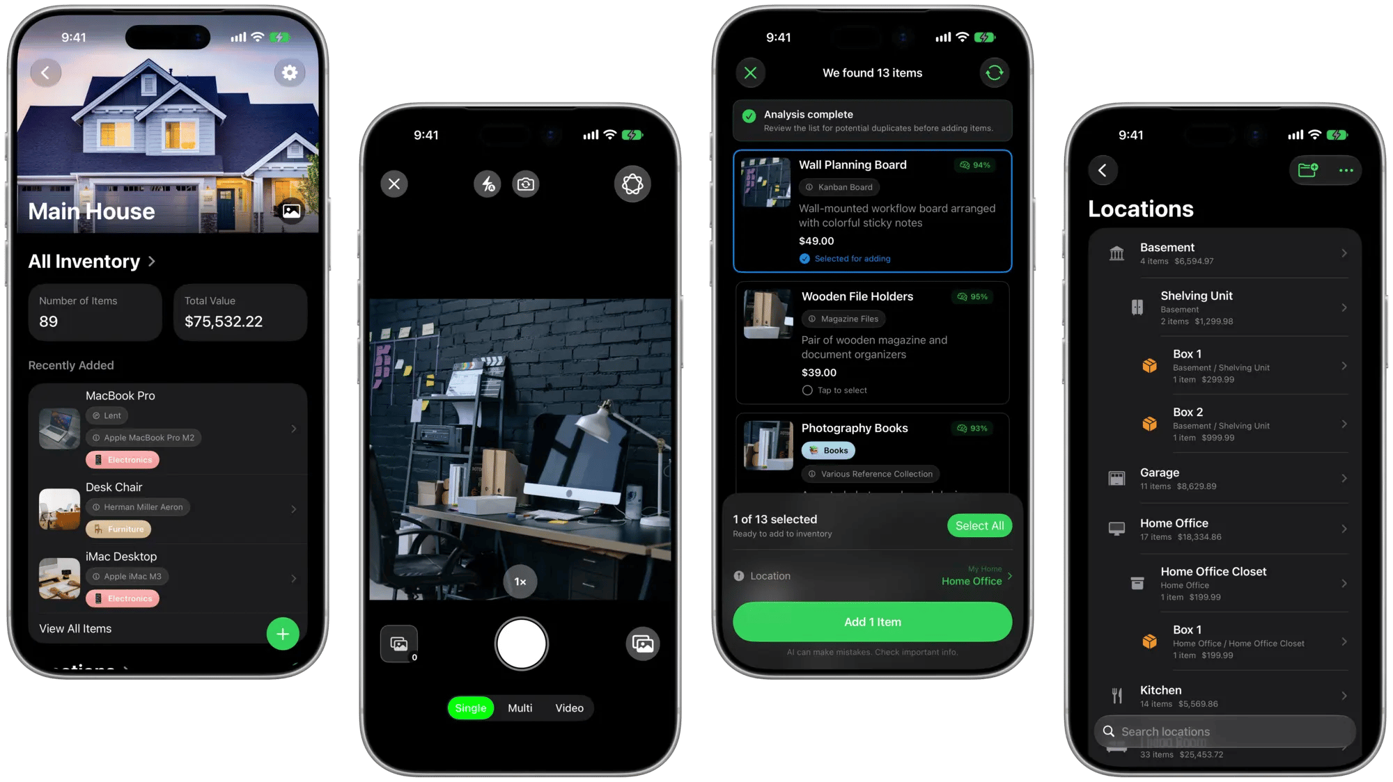 MovingBox home inventory, camera capture, item analysis, and Locations on four iPhones in dark mode