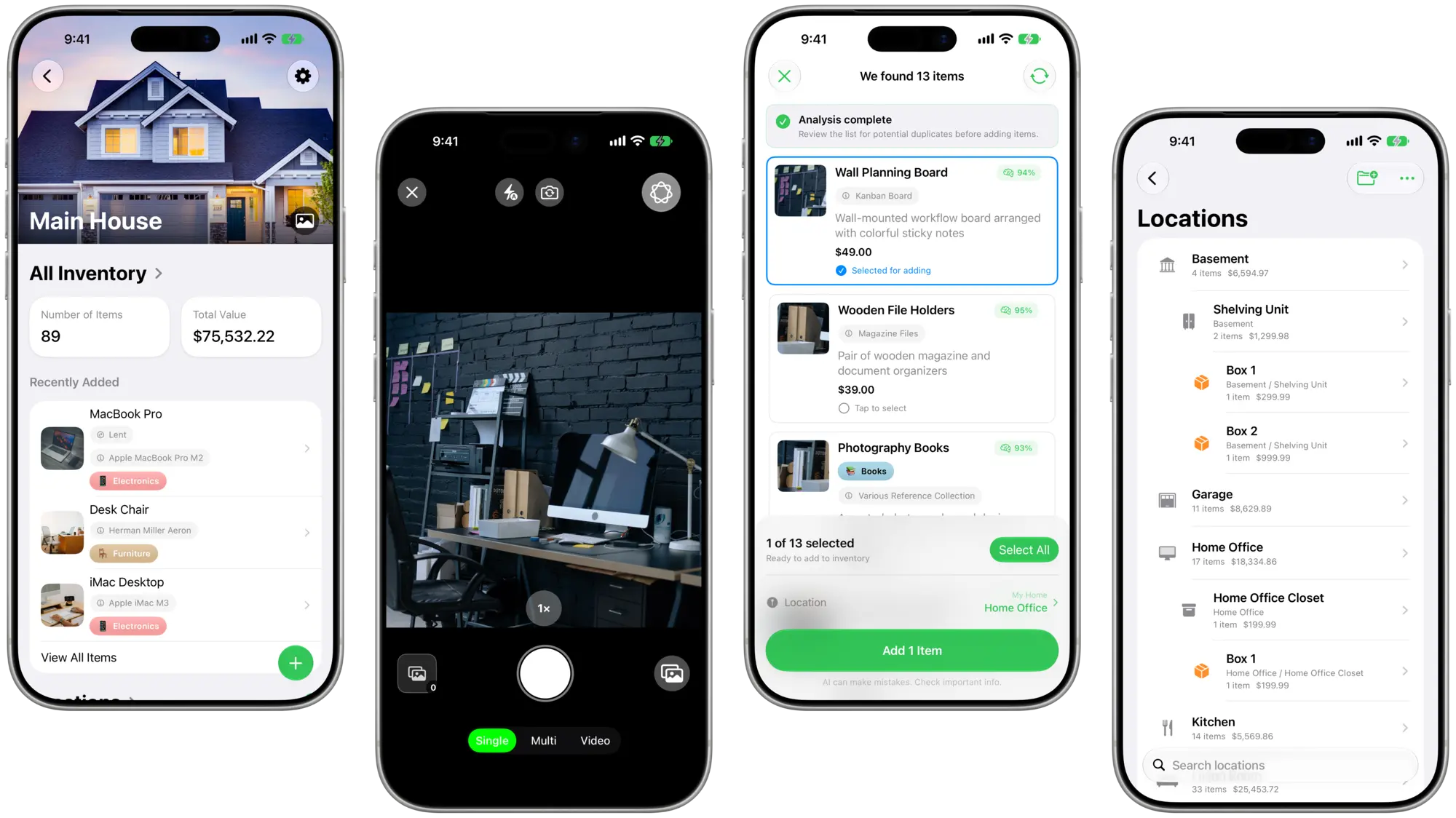 MovingBox home inventory, camera capture, item analysis, and Locations on four iPhones in light mode