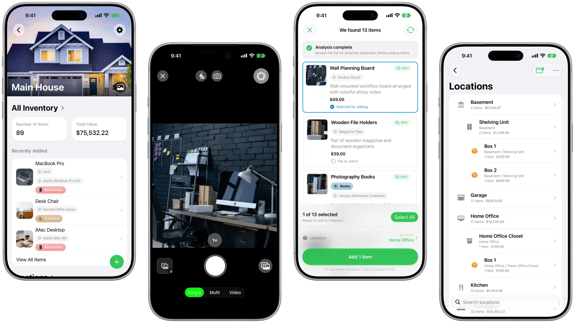 MovingBox home inventory, camera capture, item analysis, and Locations on four iPhones in light mode