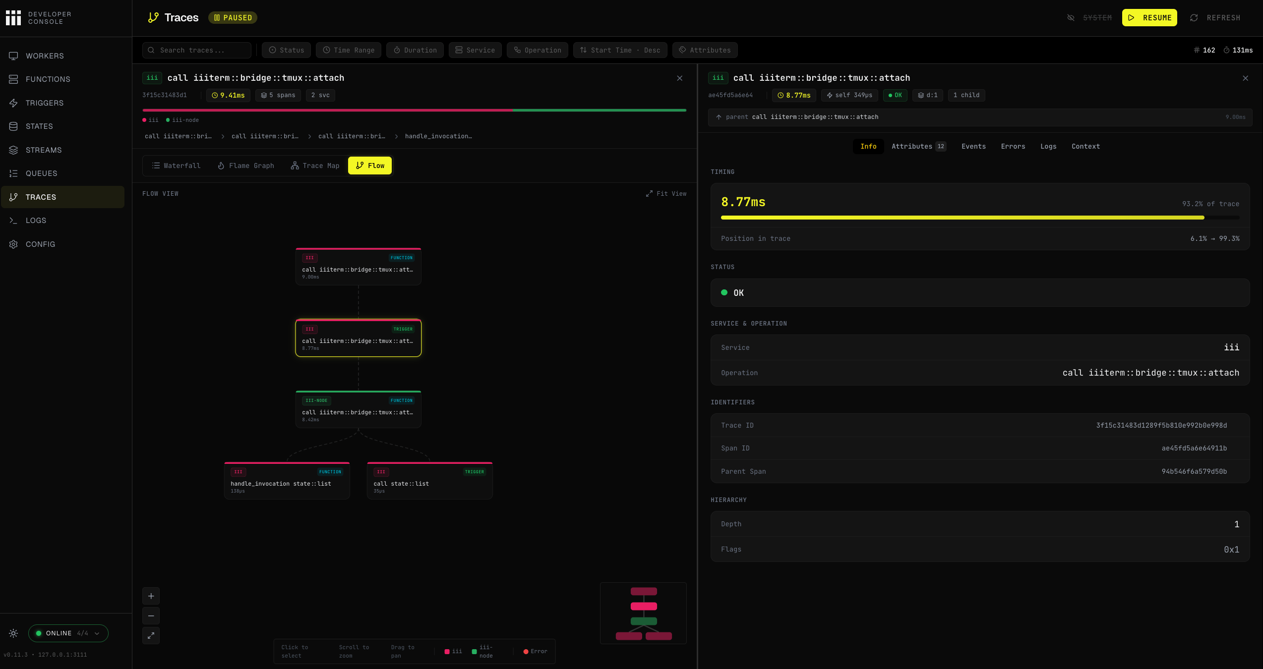 iii Console Traces page showing the flow graph view for a selected trace