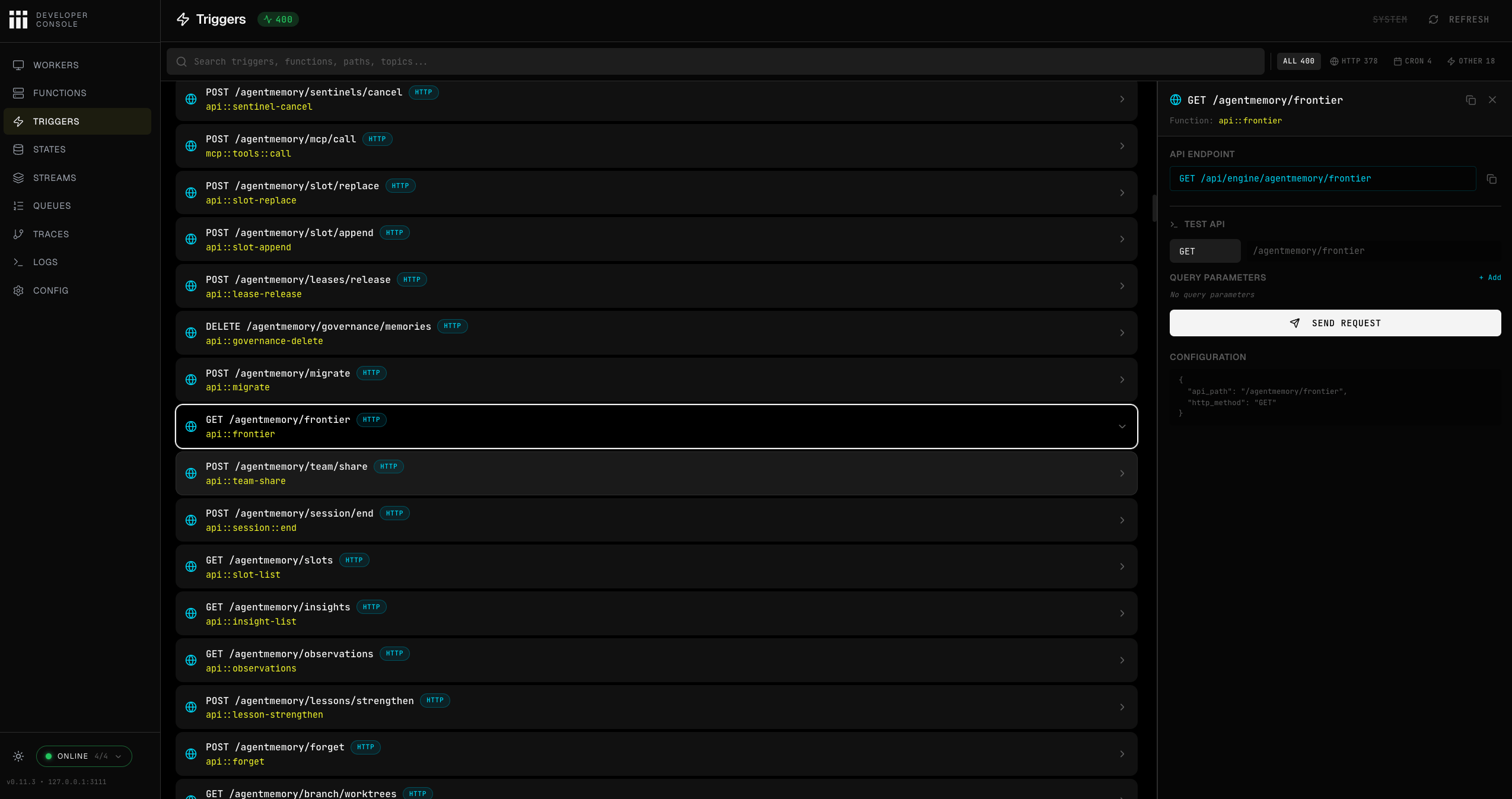 iii Console Triggers page showing HTTP triggers and the request builder for testing a selected endpoint