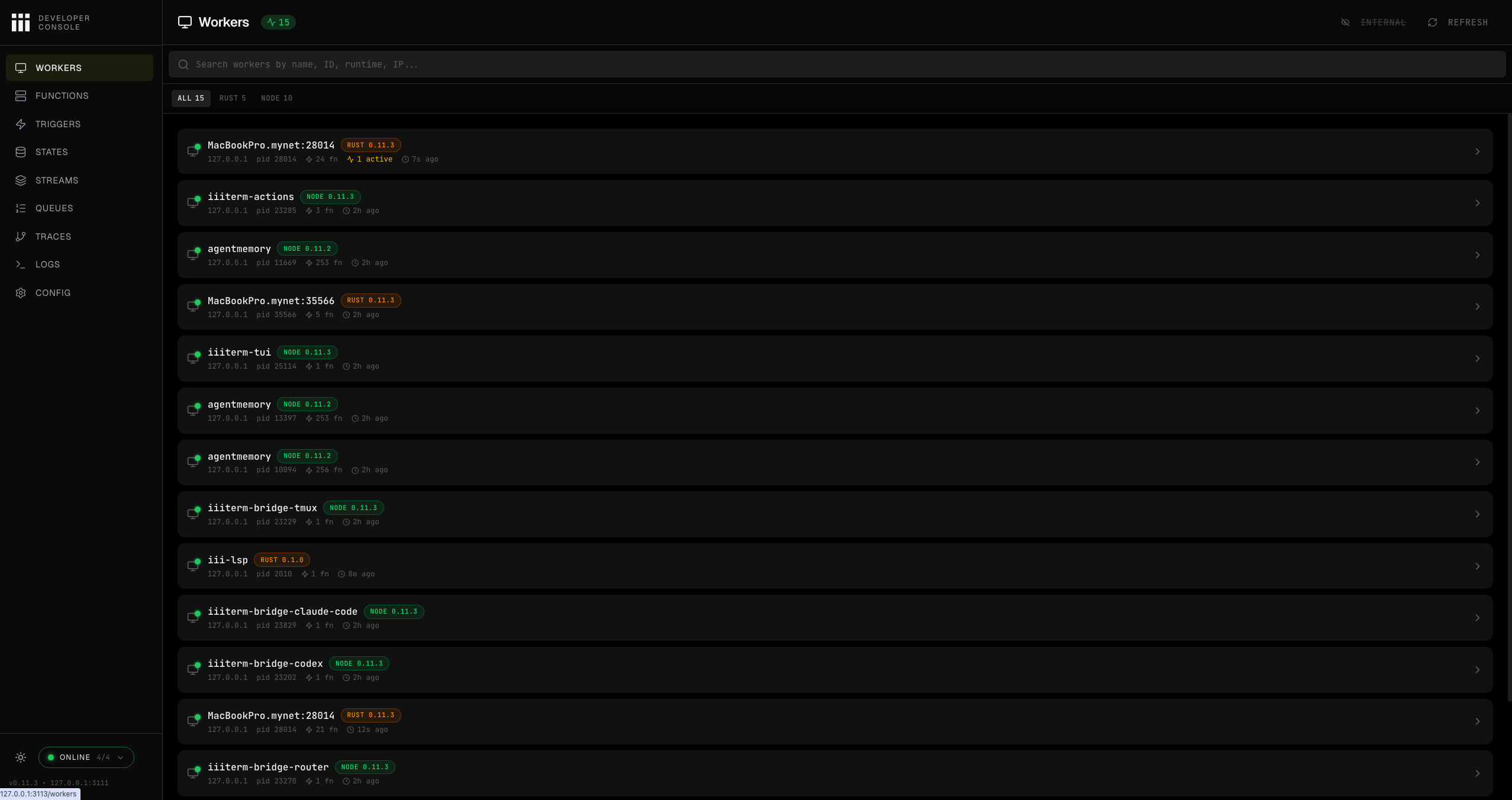 iii Console Workers page showing connected workers grouped by runtime with status, PID, IP, and active invocation counts