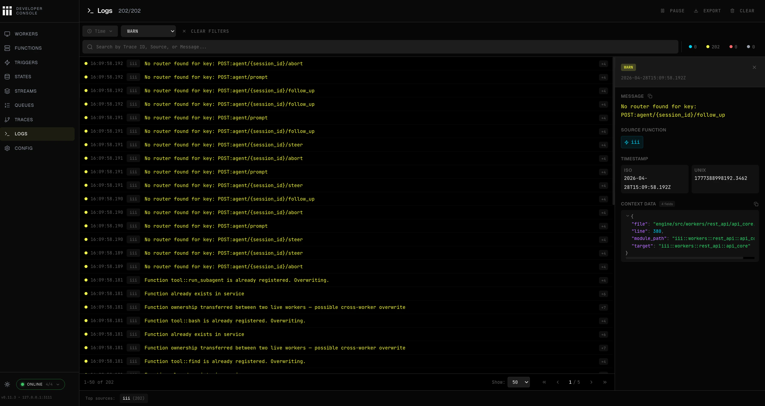 iii Console Logs page showing structured log rows with a selected log entry and its context data