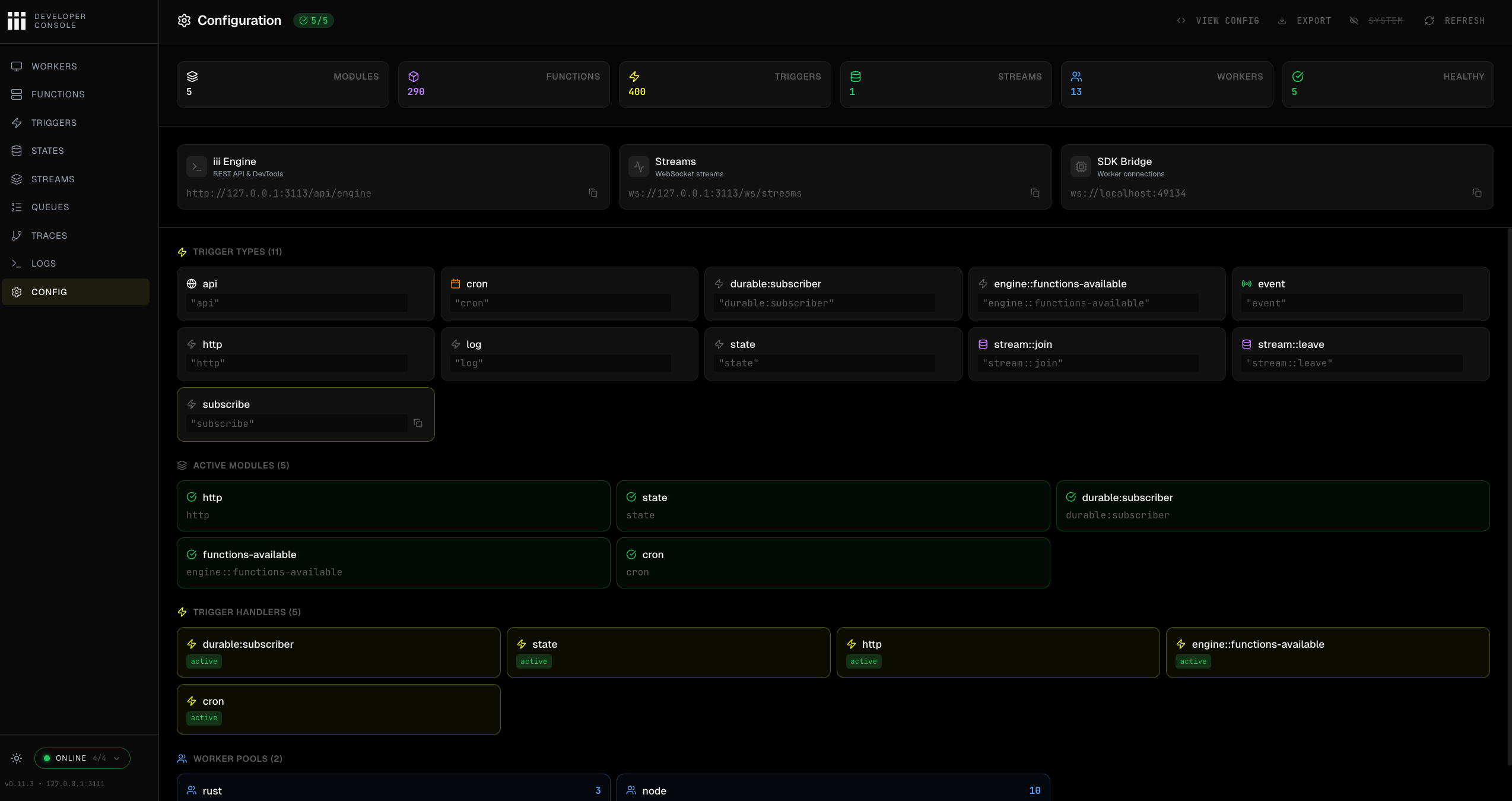 iii Console Config page showing engine endpoints, trigger types, active workers, trigger handlers, and worker pools