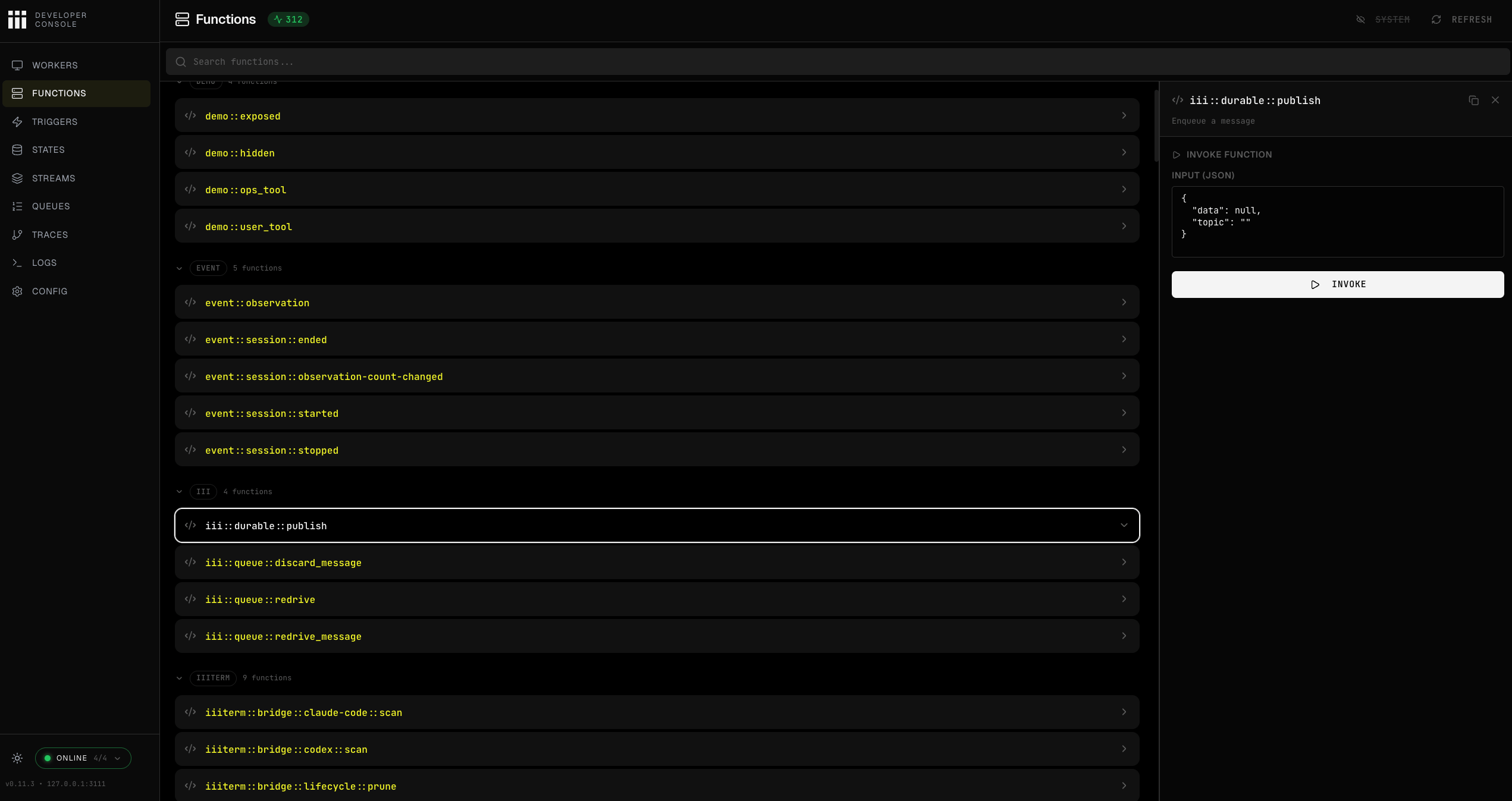 iii Console Functions page showing grouped functions and the invoke panel for a selected function